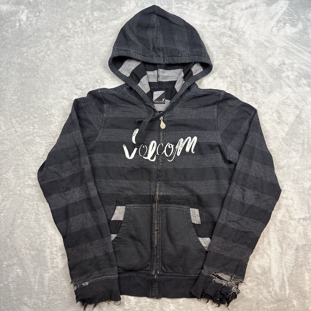 Y2K Volcom Girls Reversible Zip Up Hoodie Black Gray Striped Skate Punk Grunge